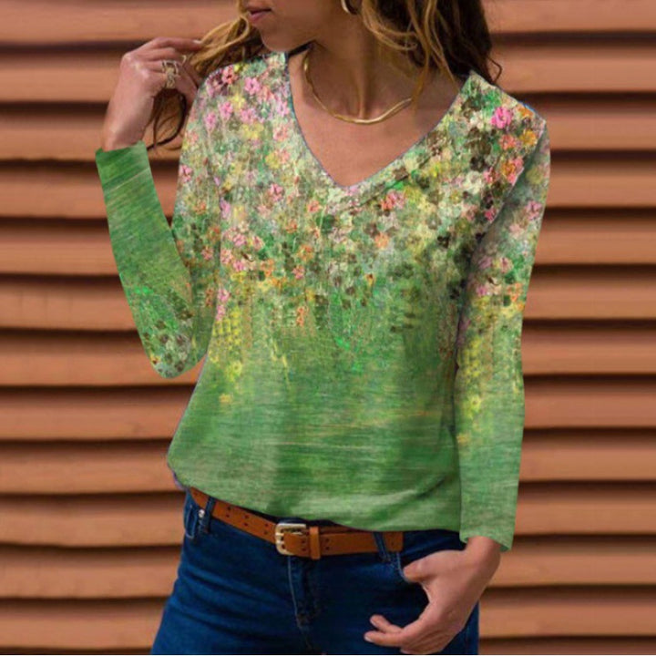 Women Long Sleeve V-Neck Tunic with Floral Watercolor Print and Light Jersey Quality Mune Fashion