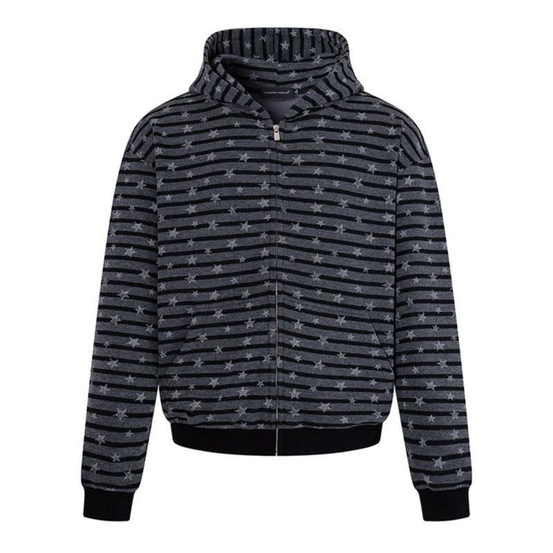 Women Casual Hooded Zip Jacket in Striped Jacquard with Star Structure Mune Fashion