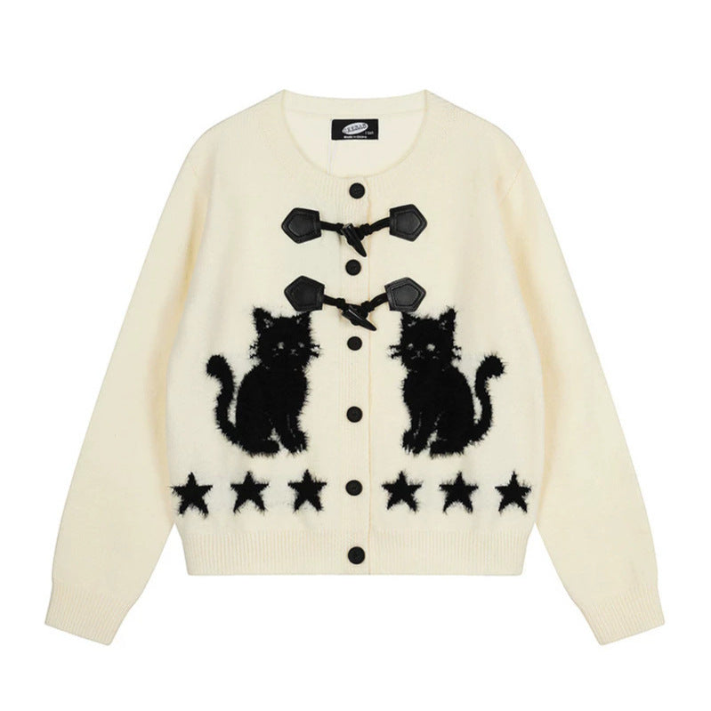 Women's cardigan with cat jacquard, decorative toggle closure and star trim Mune Fashion