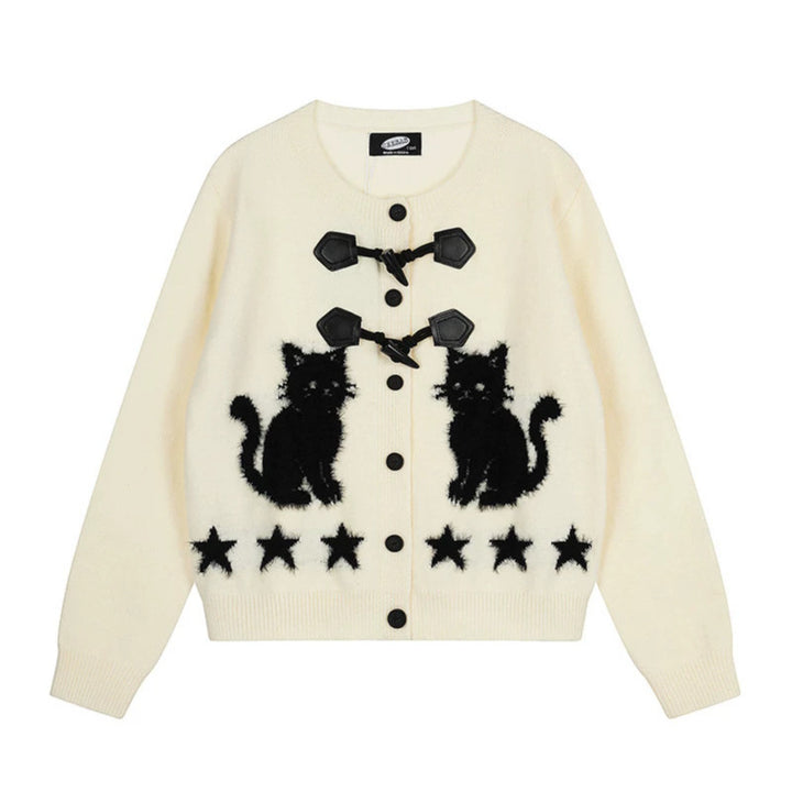 Women's cardigan with cat jacquard, decorative toggle closure and star trim Mune Fashion