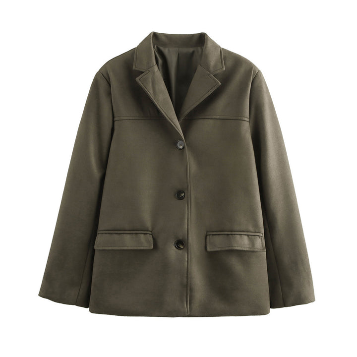 Ladies elegant velvet look blazer jacket with lapel collar and patch pockets Mune Fashion