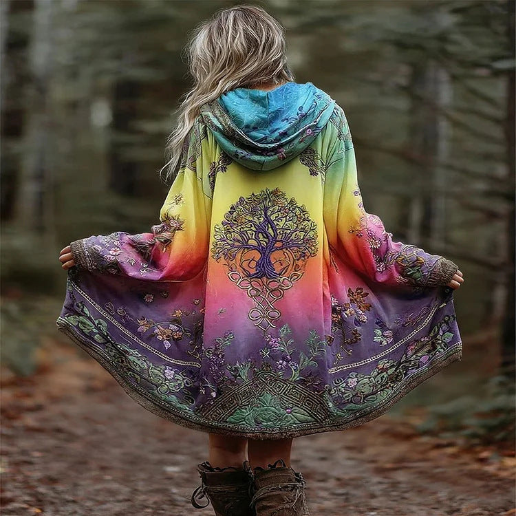 Women’s Boho Hooded Coat in Swing Cut with Tree Motif and Gradient Mune Fashion
