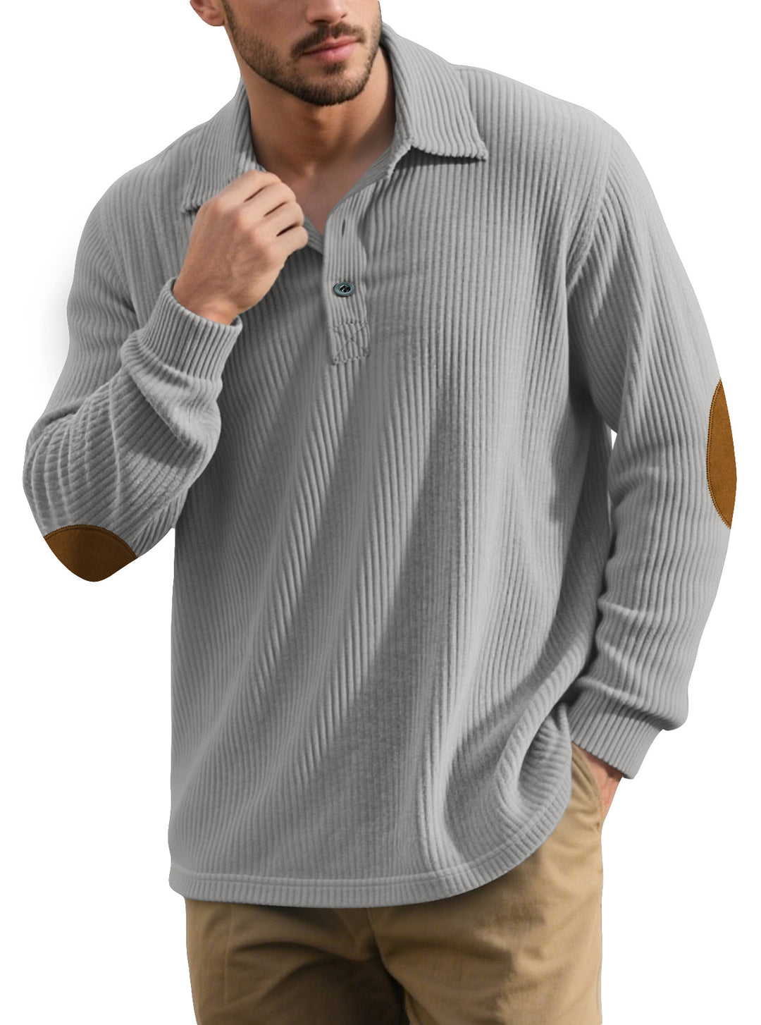 Men's ribbed casual polo with kent collar, short button placket and velour elbow patches Mune Fashion
