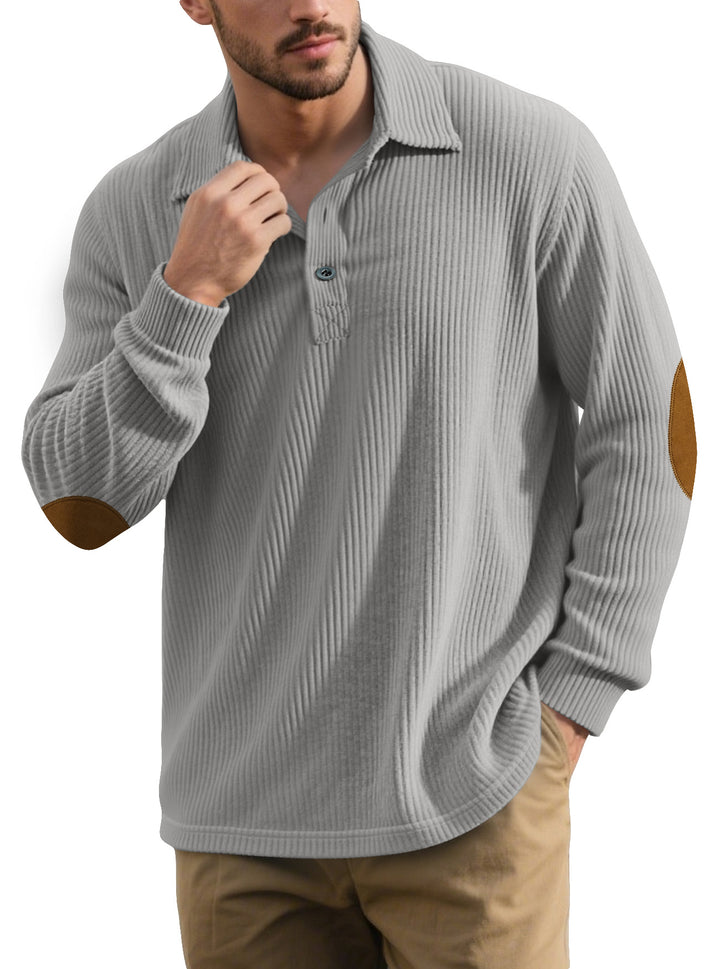Men's ribbed casual polo with kent collar, short button placket and velour elbow patches Mune Fashion