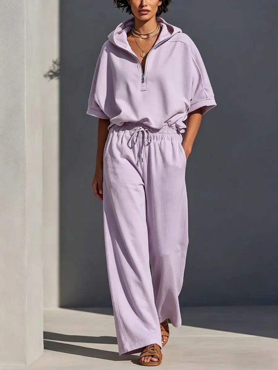 Women's Casual Lounge Set with Half-Zip Hoodie and Wide Palazzo Pants Mune Fashion