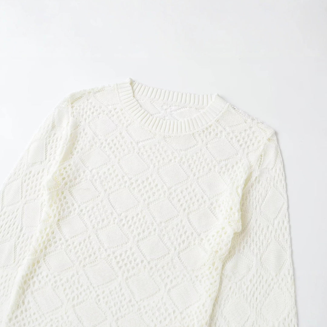 Ladies Ajour knitted cropped sweater with round neck and diamond pattern Mune Fashion