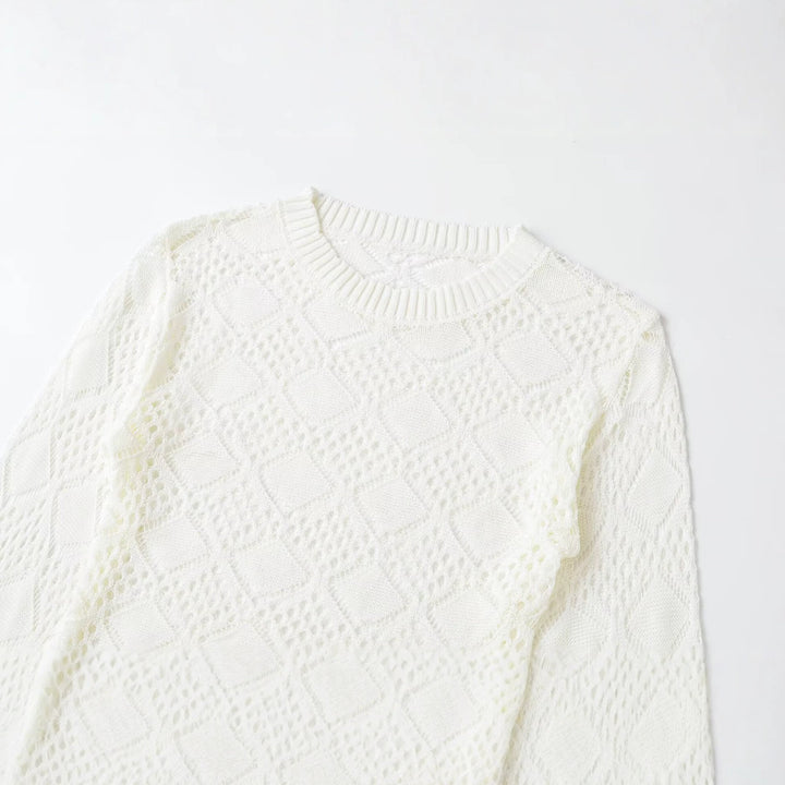 Ladies Ajour knitted cropped sweater with round neck and diamond pattern Mune Fashion