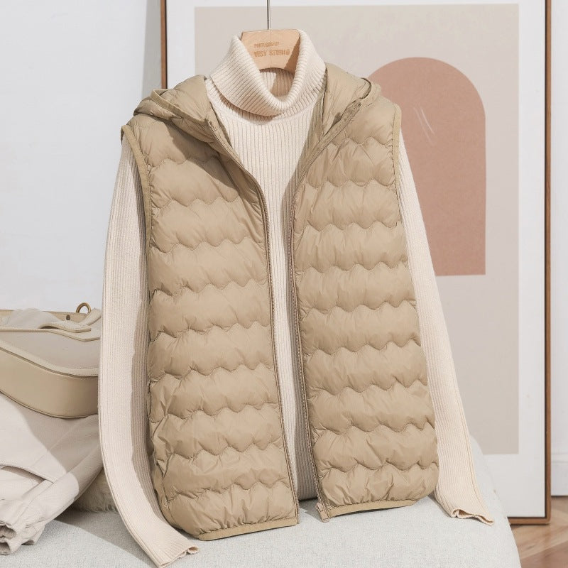 Women Ultra-light Hooded Quilted Vest with Ergonomic Wave Quilting and Compact Packing Format Mune Fashion