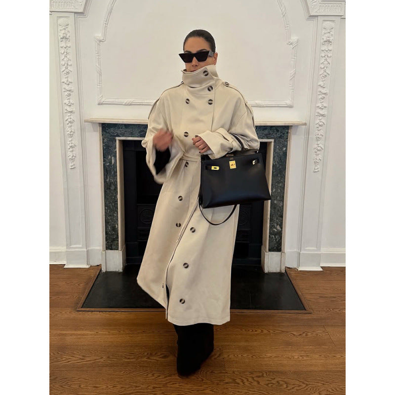 Women's Long Oversized Trench Coat with High Stand Collar, Bell Sleeves and Tie Belt Mune Fashion