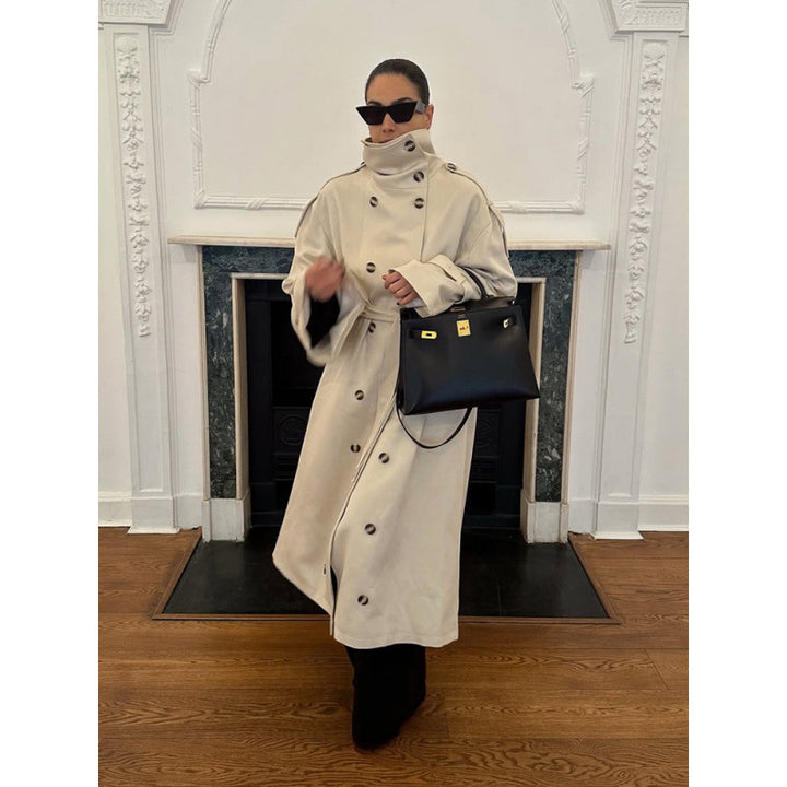 Women's Long Oversized Trench Coat with High Stand Collar, Bell Sleeves and Tie Belt Mune Fashion