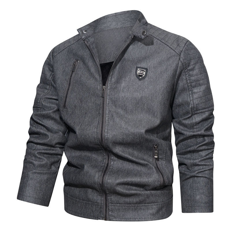 Men's Denim Look Bomber Jacket with Stand-up Collar and Quilted Shoulder Area Mune Fashion