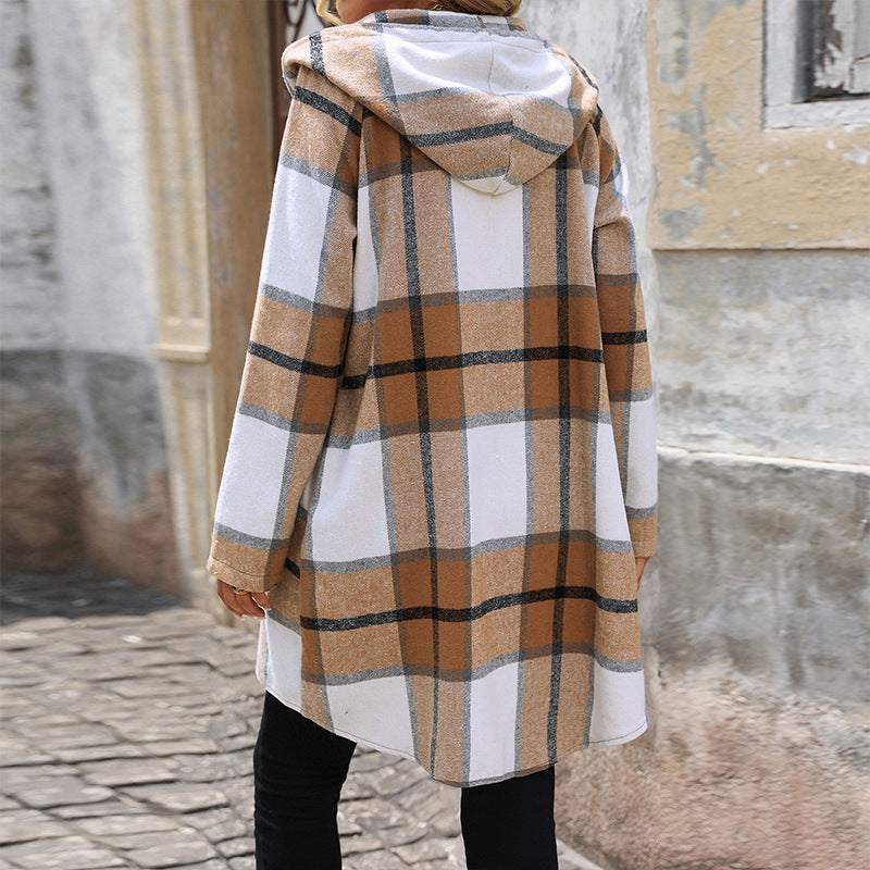 Women's Long Hooded Cardigan with Check Pattern, Zipper & Pockets Mune Fashion