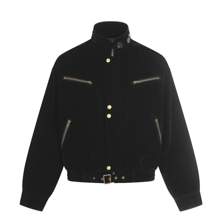 Men's suede aviator-style blouson with stand collar, waist belt, and zip pockets Mune Fashion