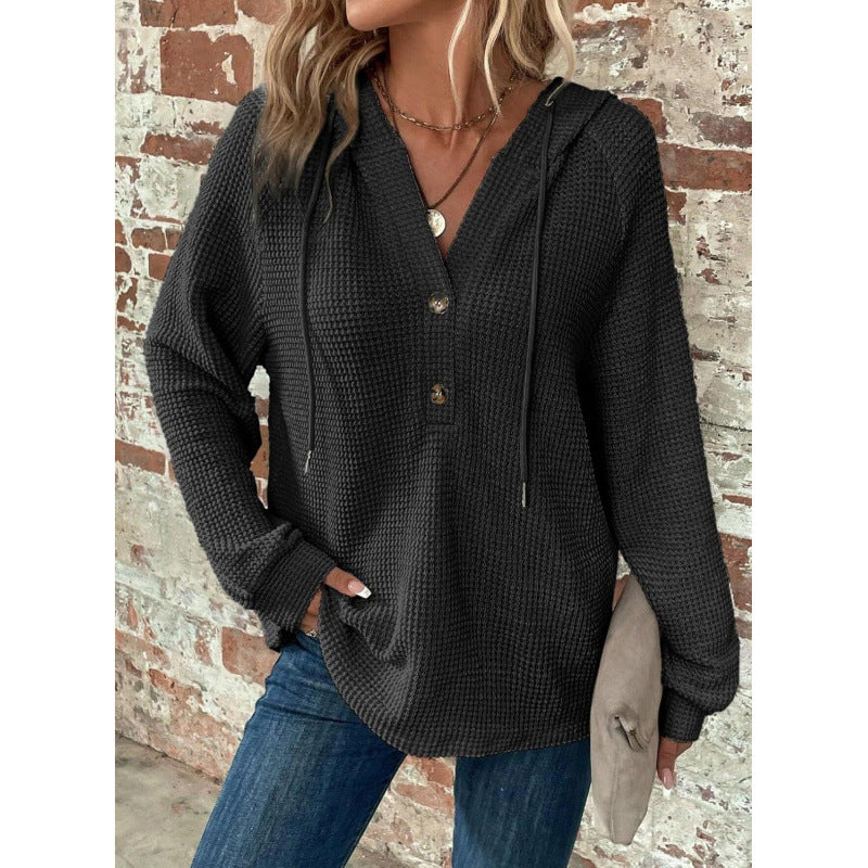 Women Waffle Knit Hoodie with Henley Button Placket and Oversized Cut Mune Fashion