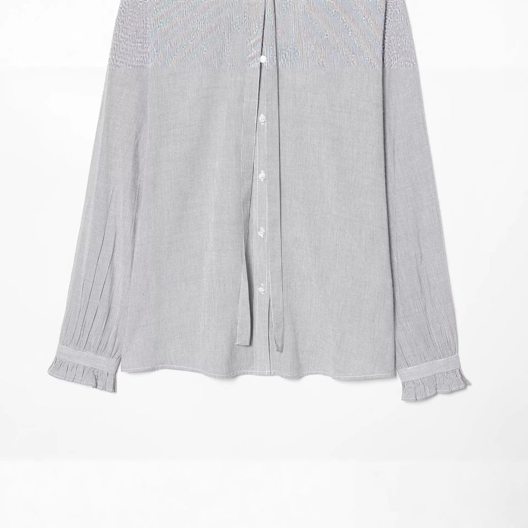 Women's ruffled blouse with high stand-up collar and tie, pleated sleeves and continuous button placket Mune Fashion