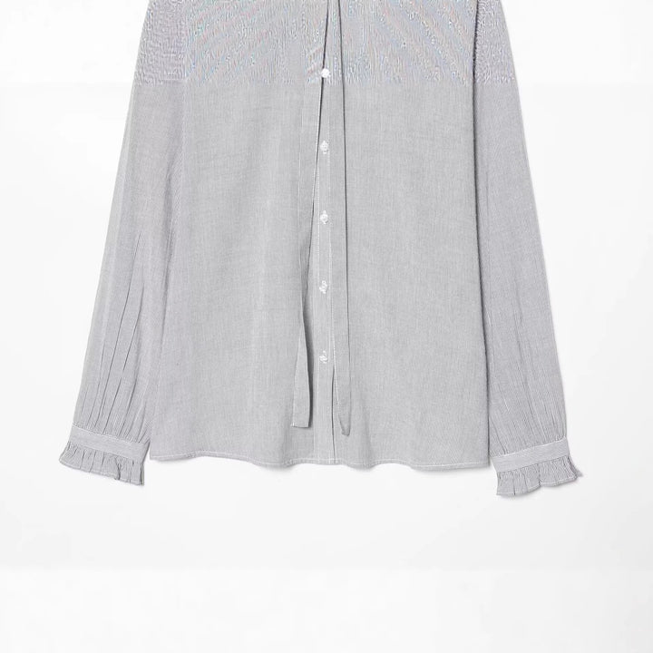 Women's ruffled blouse with high stand-up collar and tie, pleated sleeves and continuous button placket Mune Fashion