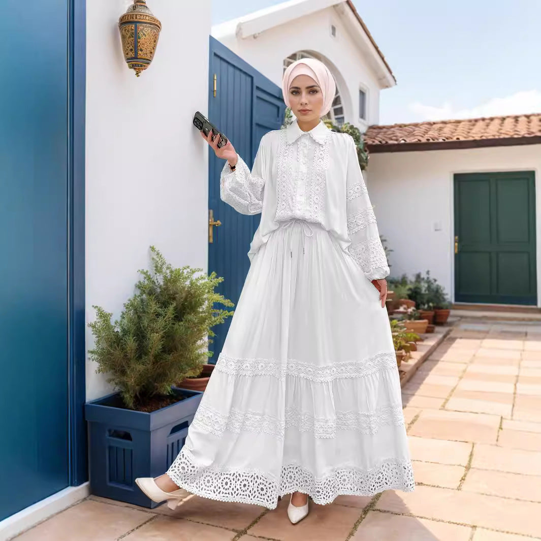 Women's Two-Piece Broderie-Anglaise Set with Shirt Blouse and Tiered Midi Skirt Mune Fashion