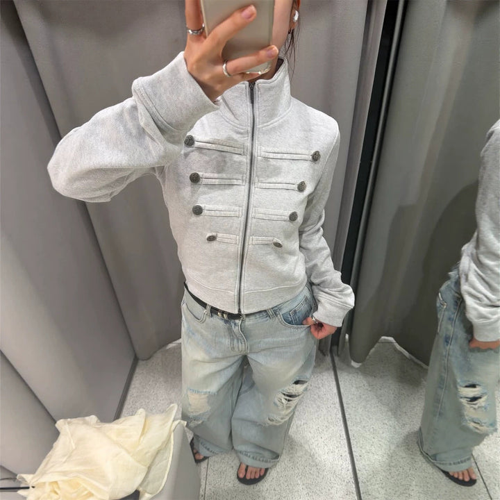 Women Short-Cut Sweat Jacket in Military Look with Stand-Up Collar Mune Fashion