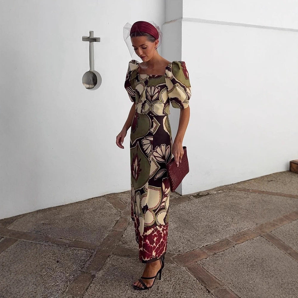 Women's Maxi Dress Set with Puff Sleeves, Tailored Midriff and Floral-Geometric Print Mune Fashion