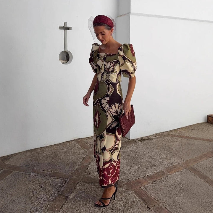 Women's Maxi Dress Set with Puff Sleeves, Tailored Midriff and Floral-Geometric Print Mune Fashion