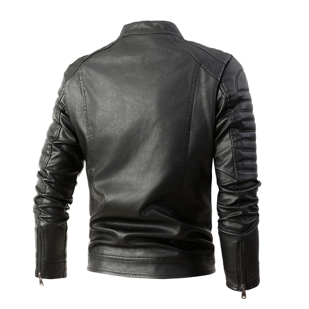Men's biker jacket made of synthetic leather with quilted sleeve padding, stand-up collar and multi-pockets.