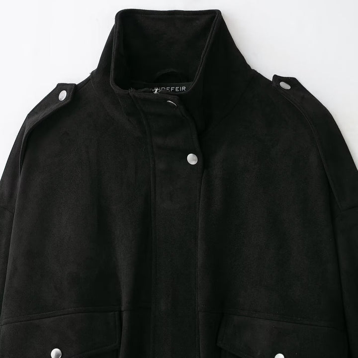 Women Short-cut Bomber Jacket made of Suede-look Fabric in Utility Look with Funnel Neck and Flap Pockets Mune Fashion