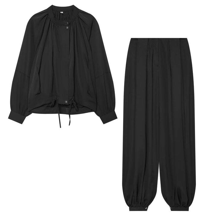 Ladies Light Blouson Jacket with Round Neck, Gathered Yoke and Drawstring Mune Fashion