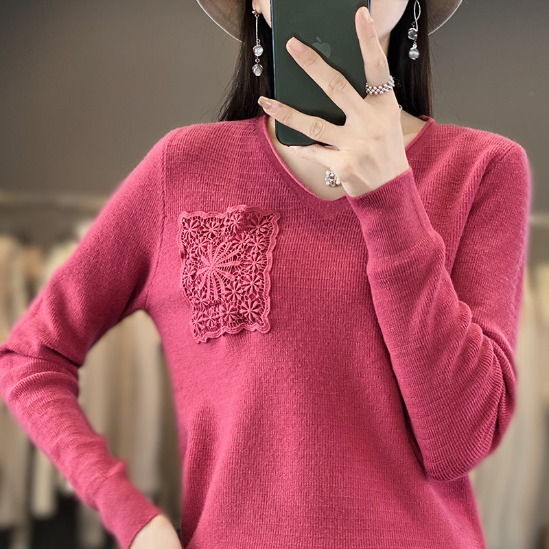 Women's Cashmere-Look V-Neck Sweater with Floral Crochet Appliqué Mune Fashion