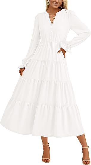 Women's Tiered Midi Dress with V-Neck, Gathered Waist Seam and Ruffle Cuffs Mune Fashion