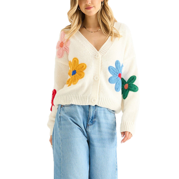 Women's cardigan with three-dimensional flower appliqués and V-neck Mune Fashion