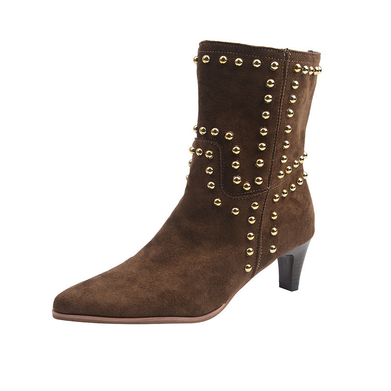 Women's lace velour-look ankle boots with studded accents and low stiletto heel Mune Fashion