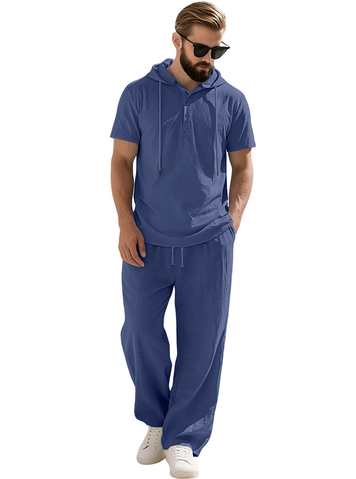 Men's casual short-sleeve hooded shirt in crinkled cotton blend with Henley button placket Mune Fashion