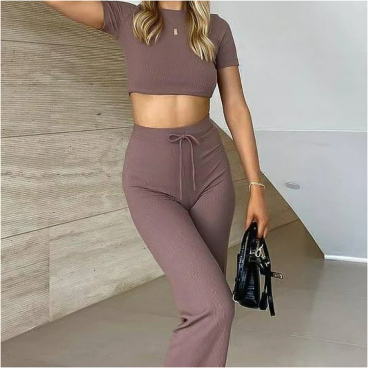 Women's Ribbed Crop Set made of Stretch Jersey with High-Waisted Drawstring Pants Mune Fashion