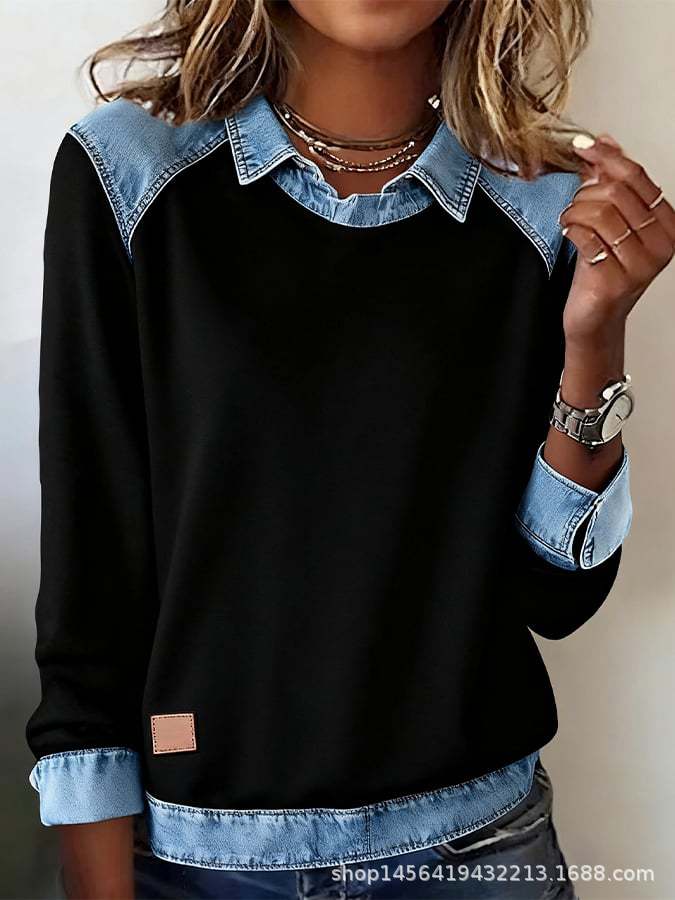 Women's knit sweater with denim collar and button placket Mune Fashion
