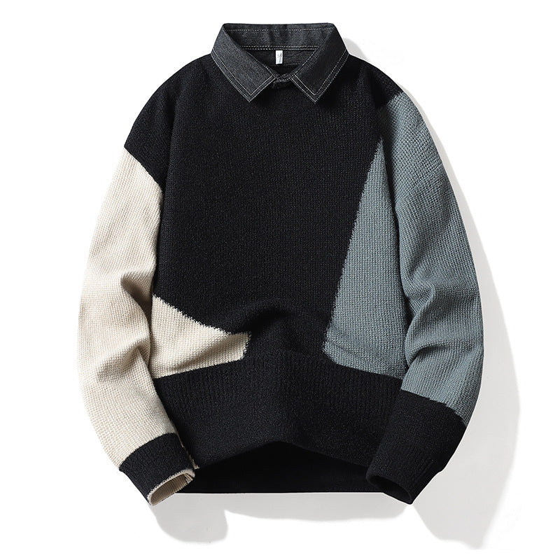 Men's Stylish Knit Sweater with Shirt Collar Mune Fashion