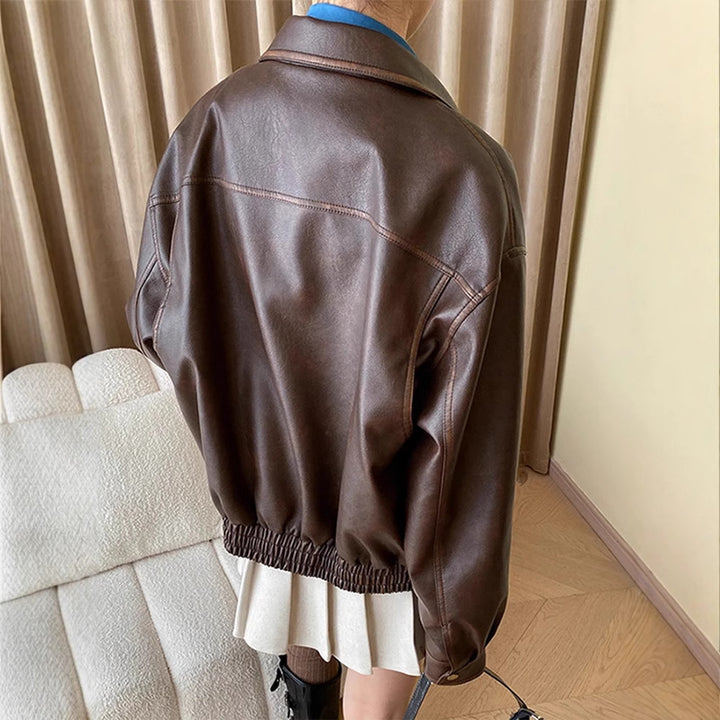 Women's Oversize Faux Leather Jacket with Shirt Collar and Zipper Mune Fashion