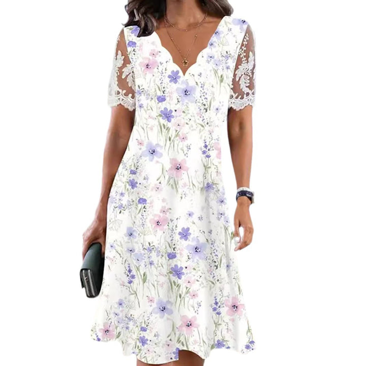 Ladies flowing midi beach dress with wavy V-neck and sheer lace sleeves Mune Fashion