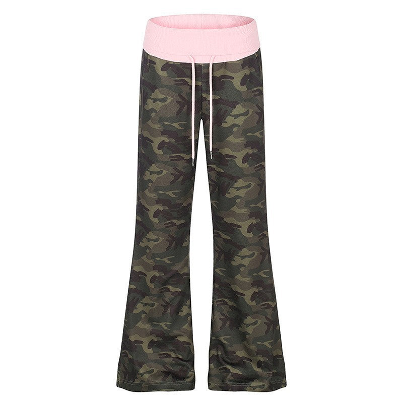 Women's Palazzo lounge pants with high rolled waistband, drawstring, and camouflage pattern Mune Fashion