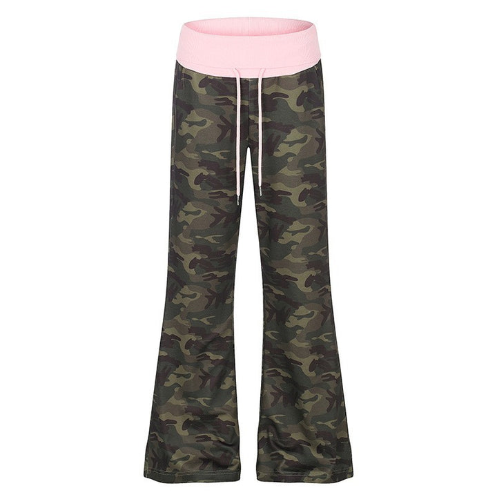 Women's Palazzo lounge pants with high rolled waistband, drawstring, and camouflage pattern Mune Fashion