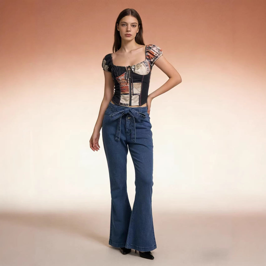 Women's High-Waist Denim Pants with Bow Tie, High Waist and Wide Flare Mune Fashion