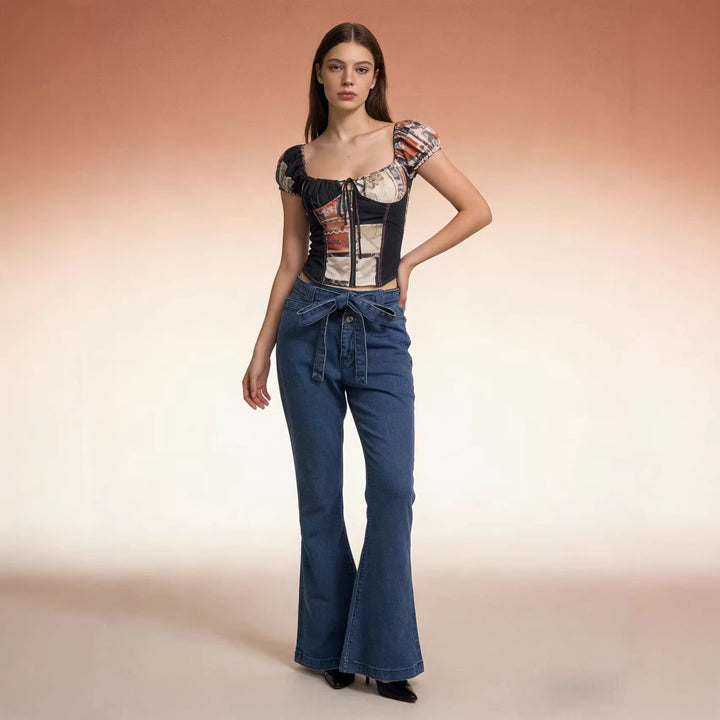 Women's High-Waist Denim Pants with Bow Tie, High Waist and Wide Flare Mune Fashion