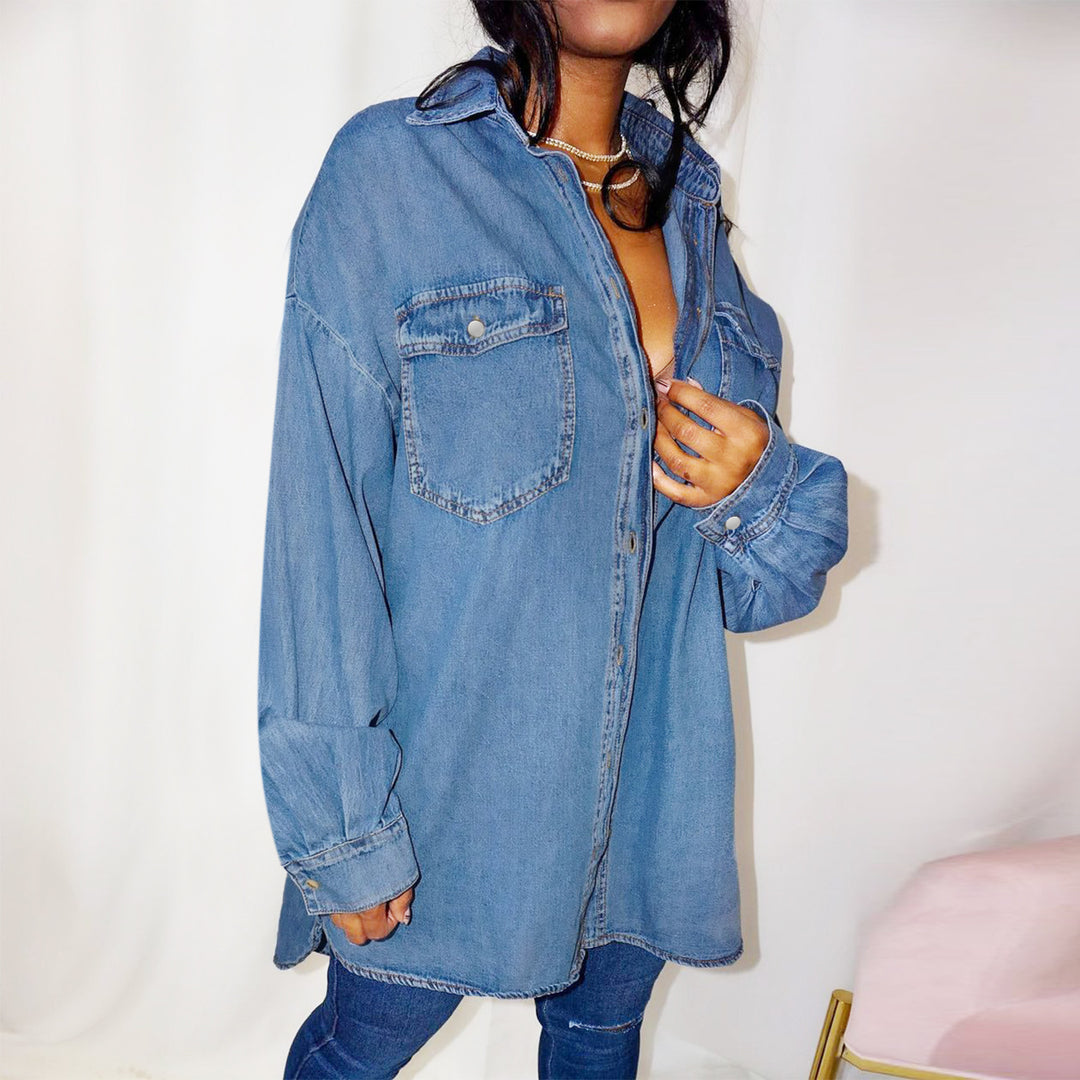 Women's Oversized Denim Shirt Jacket with Flap Pockets and Extended Cut Mune Fashion