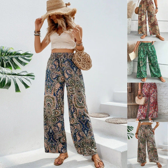 Ladies Palazzo Pants with Wide Leg, Elastic Smocked Waistband and Paisley Print Mune Fashion