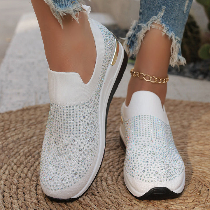 Women's knit slip-on sneakers with sparkling rhinestone trim, elastic entry, and cushioned platform sole Mune Fashion
