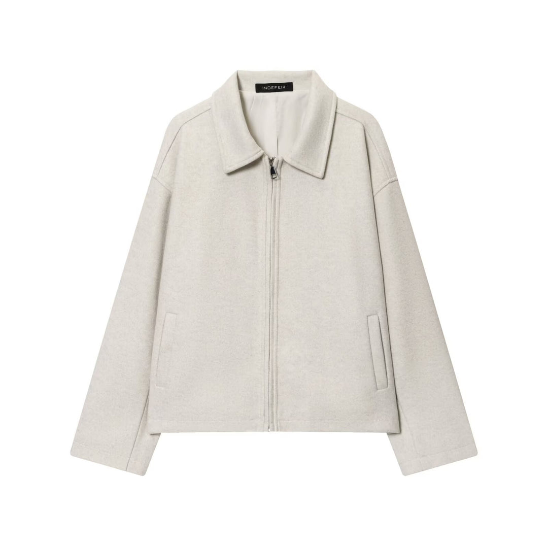 Women Boxy Wool Blend Blouson Jacket with Zipper and Shirt Collar Mune Fashion