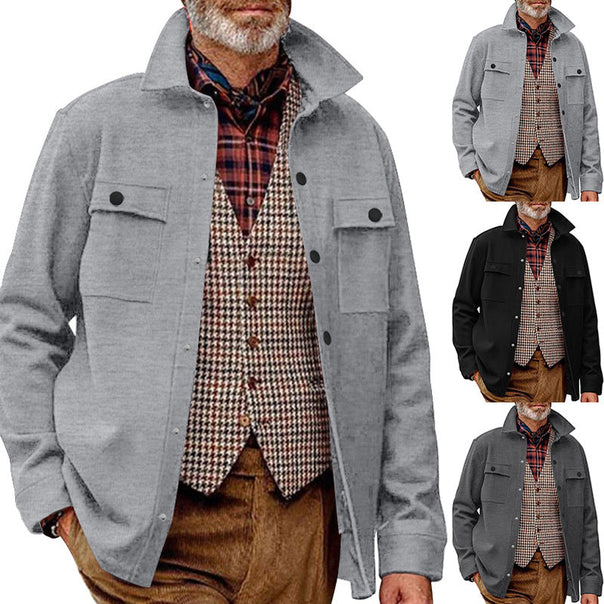 Men's Fleece Shirt Jacket with Two Chest Pockets and Stylish Stand-Up Collar Mune