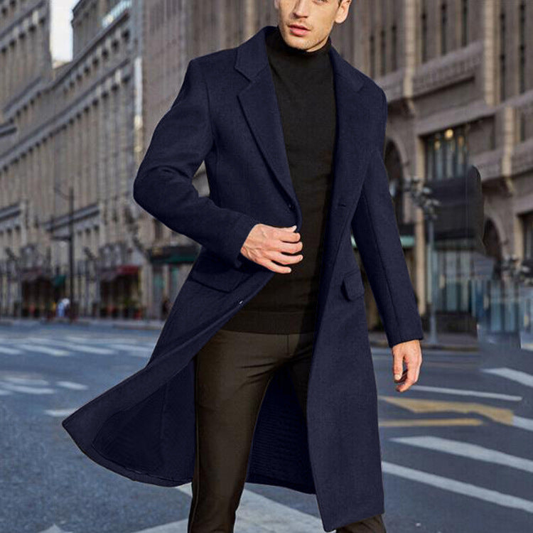 Men's Elegant Longline Coat Made of Wool Blend with Slim Silhouette and Notched Lapel Mune Fashion