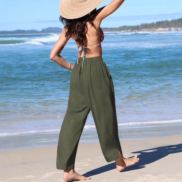 Women's Loose Fit Linen Trousers with Wide Leg and Drawstring Waist Mune Fashion