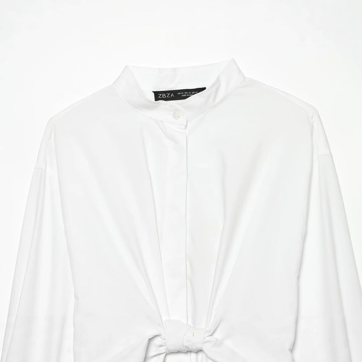 Women Tailored Cropped Blouse with Stand-up Collar, Lacing and Long Cuffs Drune