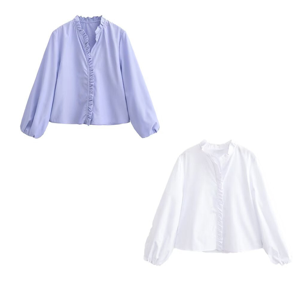 Women Ruffled Blouse with V-Neck and Balloon Sleeves Mune Fashion
